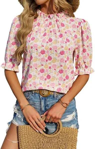 BTFBM Women's Summer Boho Shirt Top Ruffle Short Sleeve Frill Trim Mock Neck Floral Solid 2025 Casual Blouses Shirts Tops