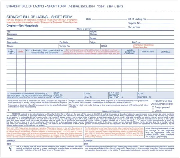 Adams Bill of Lading Short Form