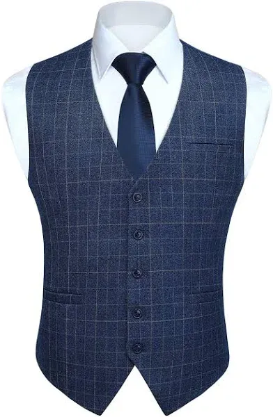 HISDERN Men's Suit Vest Plaid Dress Vest for Men Slim Fit Formal Business Waistcoat Tuxedo V-Ncek Solid Vest for Wedding