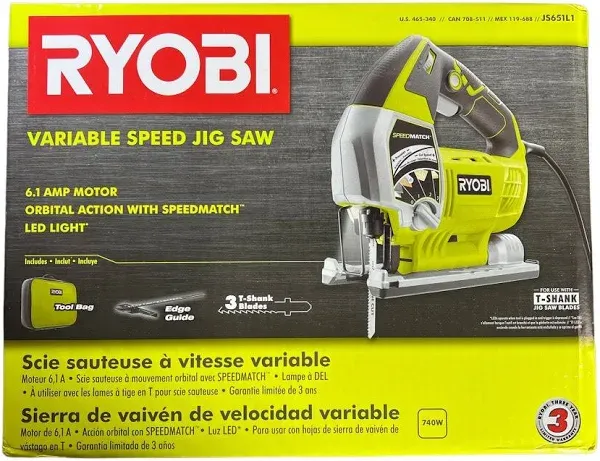 NEW Ryobi JS651L1 6.1A Variable Speed Jig Saw Kit NEW - FAST SHIPPING