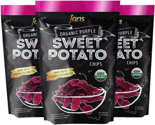 Jans Organic Sweet Potato Chips | Certified USDA Organic | Yam Chips | Gluten Free | Vegan Snack | Preservatives and Coloring Free | Cooked With Organic Coconut Oil (Purple, 3 x 4.0 oz)