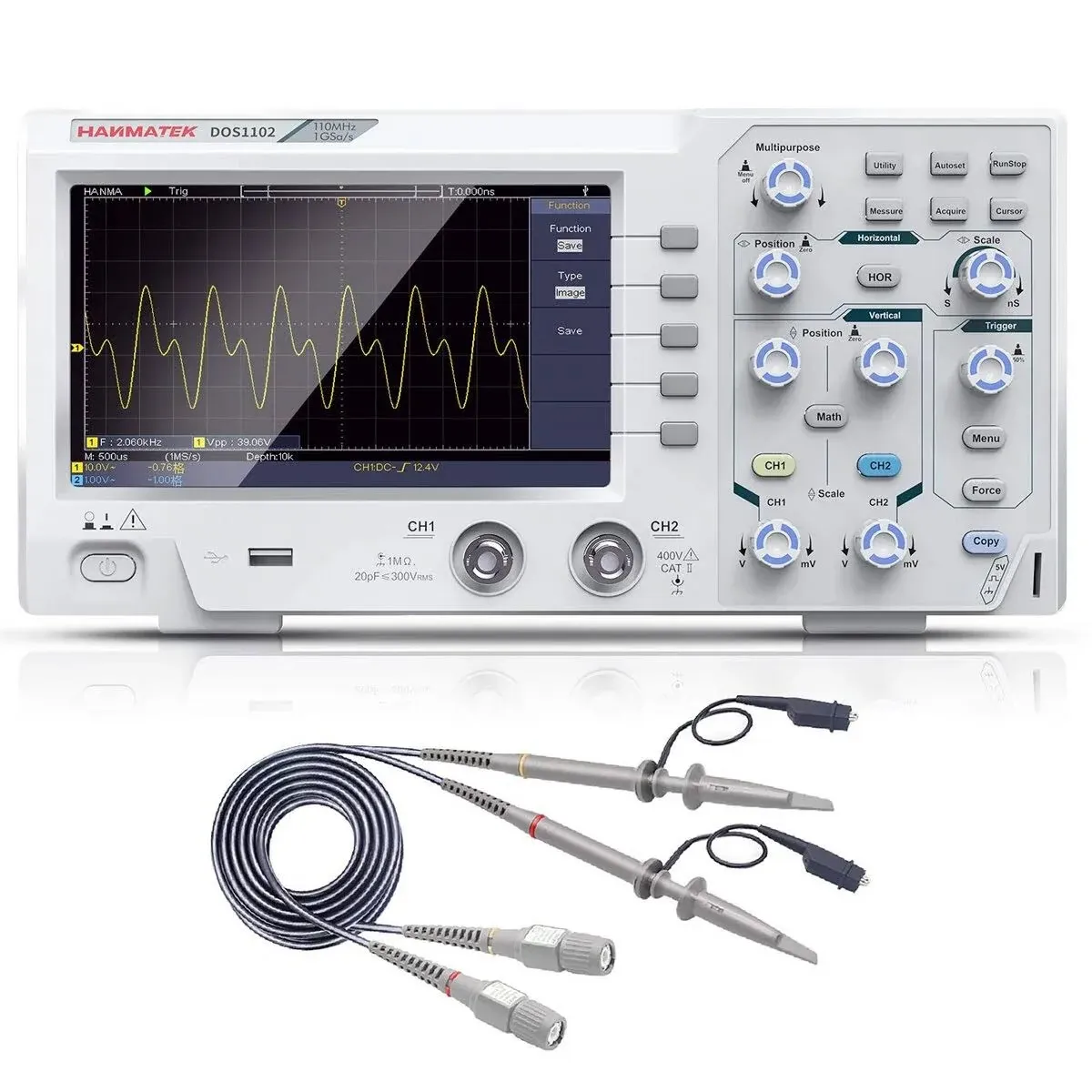 HANMATEK 110mhz Bandwidth DOS1102 Digital Oscilloscope with 2 Channels and Screen 7 inch / 18 cm