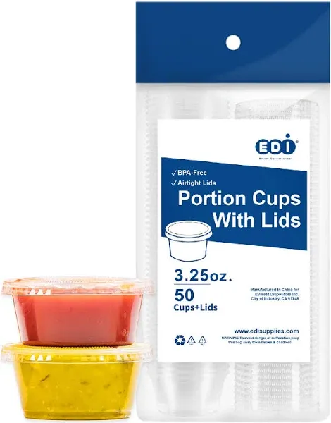 EDI [3.25 OZ, 50 Sets Clear Disposable Plastic Portion Cups with Leakproof Lids | Jello Shot Cups | Condiment and Dipping Sauce Cups | Souffle Cups | BPA Free | Recyclable