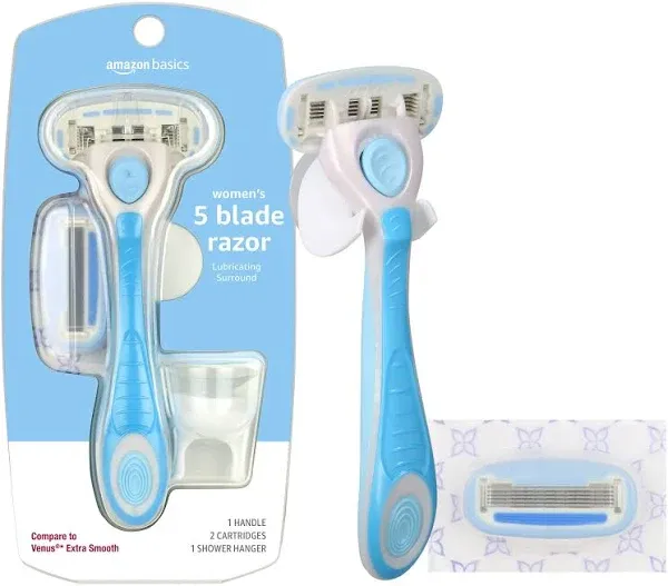 Basics 5-Blade Razor for Women, Handle,2 Cartridges &amp; Shower Hanger 4 Piece Set.