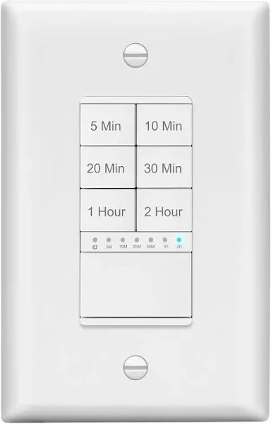 2-Hour Countdown Timer Switch with Wall Plate, 5-10-20-30 Min, 1-2 Hour, for Lig