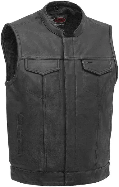 Black Genuine Cowhide Leather Motorcycle Vest Side Zipper Conceal Bike Waistcoat