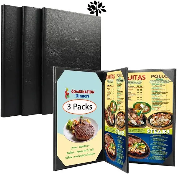 3 Packs Restaurant Menu Covers for 8.5x11 Inch, Four View Leather Menu Holder Covers, Black Leather Menu Covers for Wine List, Drinks, Cafes, Bar, Hotel (8.5x11 inch/ 4 view-book style/3 packs)