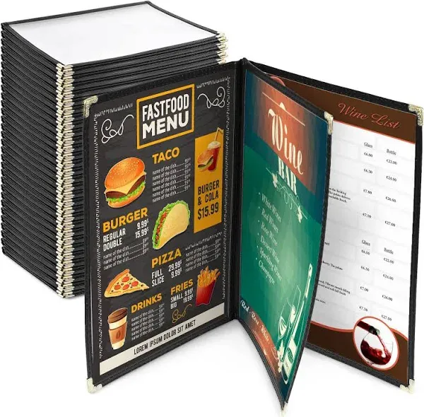 WeChef 20 Pack Restaurant Menu Covers 8.5 x 14" Book Style 4 Pages 8 Views PVC Transparent Restaurant Menu Holder Book Cafe Hotel Bar Black