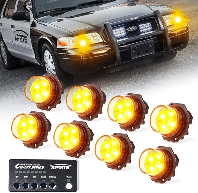 Xprite Amber LED Hideaway Strobe Lights Kit 20 Flashing Patterns w/Control Panel Headlights Taillights Fog Light Mounting, for Roadside Emergency Vehicles Trucks SUV Vans Cars UTV ATV 8 PCs