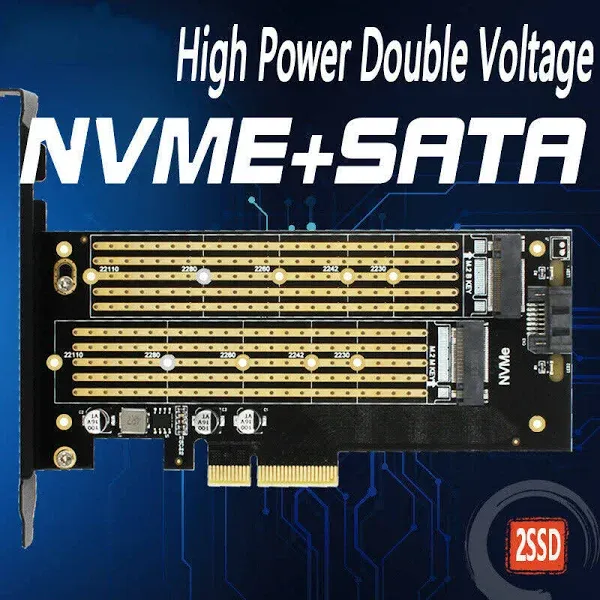 Dual M.2 PCIE Adapter for SATA or PCIE NVMe SSD with Advanced Heat Sink Solut...