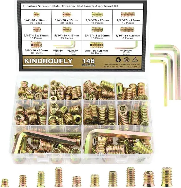 Kindroufly 146 Pieces 1/4" 20, 5/16" 18, 3/8" 16 Threaded Inserts, Nut Inserts, Wood Inserts, Steel Threaded Inserts Ass