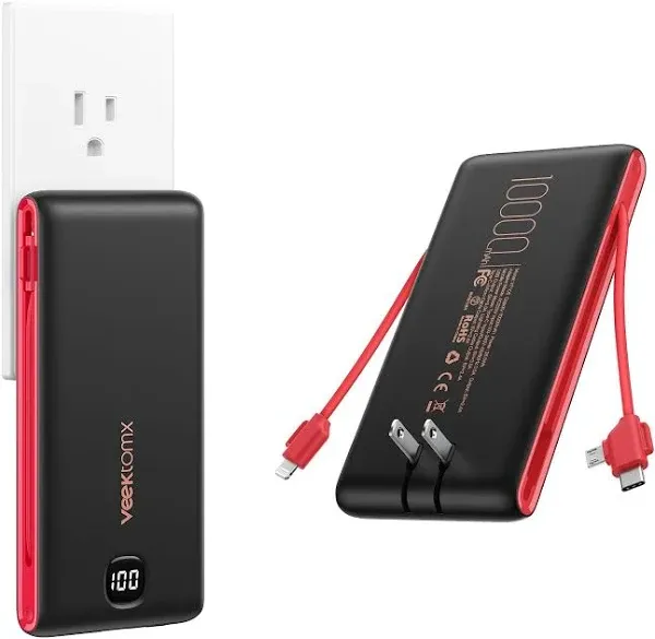 Power Bank with Built in Cables 10000mAh, 15W USB C 10000mAh Black-Red 