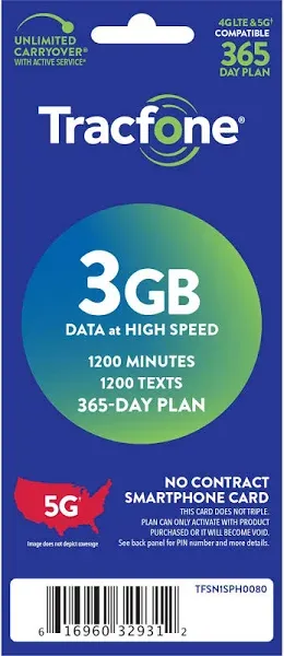 Tracfone 1200 Minutes, 1200 Texts, 3GB Data, 365-Day Plan