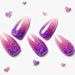 GLAMERMAID Hamdmade Thermo Press On Nails Gel Medium Almond, Glitter Purple Pink Ombre Fake Nails Short Stiletto, Shrimmer Galaxy Stick Glue On