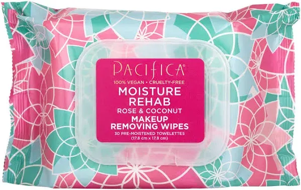 Pacifica Beauty, Moisture Rehab Makeup Removing Wipes, Daily Cleansing, Rose, Coconut Water, Calendula, Aloe, Clean Skin Care, Plant Fiber Facial Towelettes, 30 Count, Vegan & Cruelty Free