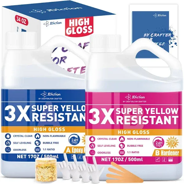 JDiction Epoxy Resin High Gloss 34oz - 3X Yellowing Resistant Upgrade Formula, Self Leveling Resin and Hardener, Crystal Clear & Bubble Free Coat