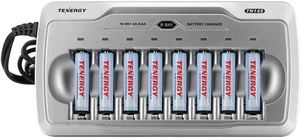 Tenergy TN145 8 Bay Charger and 8 Pack Rechargeable AA Batteries, Independent Charging, UL & CE Certified