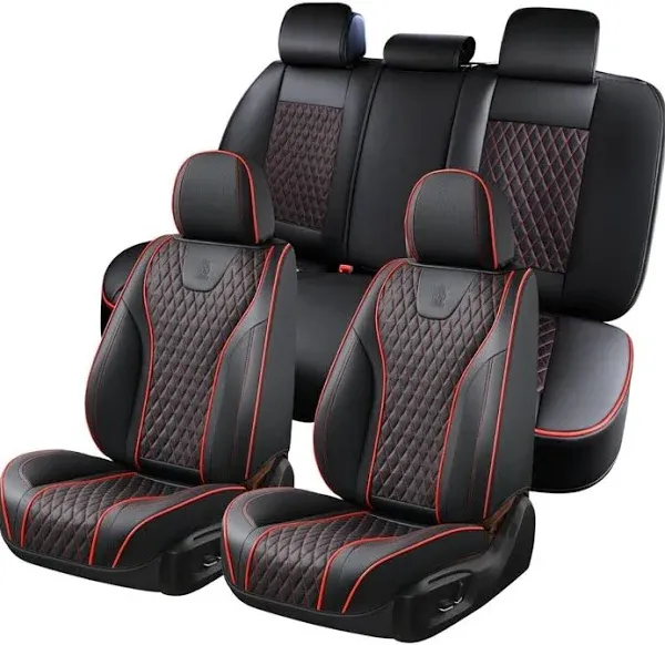 Coverado Car Seat Covers Set Red Trim, 5 SEATS Breathable Faux Leather & Woven Seat Protectors Full Set, Universal Auto Seat Protectors Cushions, Auto SCU21