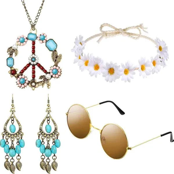 Hicarer Hippie Costume Set Include Sunglasses, Headband, Peace Sign Necklace and Earring