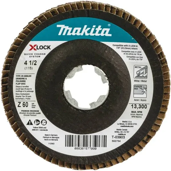 Makita X-LOCK 4-1/2 In. x 7/8 In. 60-Grit Type 29 Zirconia Angle Grinder Flap