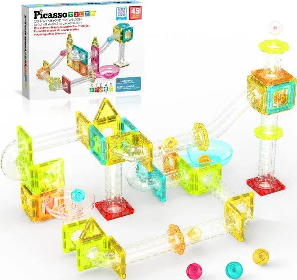 PicassoTiles Marble Run 45 Piece Travel Size Magnetic Tiles Building Blocks