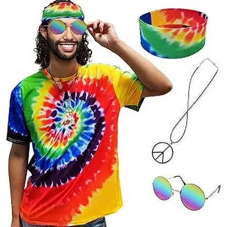 Hippie Costume for Men Women 60s and 70s colorful T-shirt sunglasses headband Peace necklace 4-piece theme party