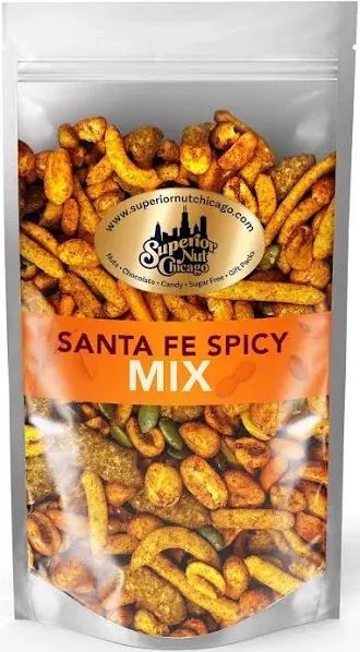 Superior Nut Chicago Santa Fe Trail Mix Spicy Mix hot Spicy peanuts, hot Cajun corn sticks, sesame sticks, chili crescents, toasted corn, and