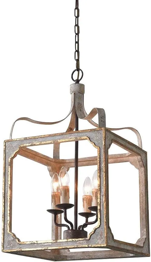 LOVEDIMA French Country Chandelier 4-Light Lantern Pendant Lighting Square Wood Metal Chandeliers Hanging Light Ceiling Light Fixtures in Antique Gray & Antique Gold