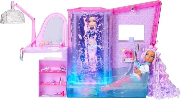 MERMAZE MERMAIDZ Playset Salon & Spa Playset with Lights, Bubble Wall, Working Shower, Bathtub, Beauty Station, and 19 Accessories