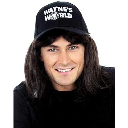 ALLAURA Wayne Wig with Wayne's Cap World Hat | Compatible with Wayne's World Wig and Hat | Mullet Costume Wigs For Men 80s Heavy Metal Rocker Wig 1980s Black Mullet Wig —80s Couples Halloween Costumes