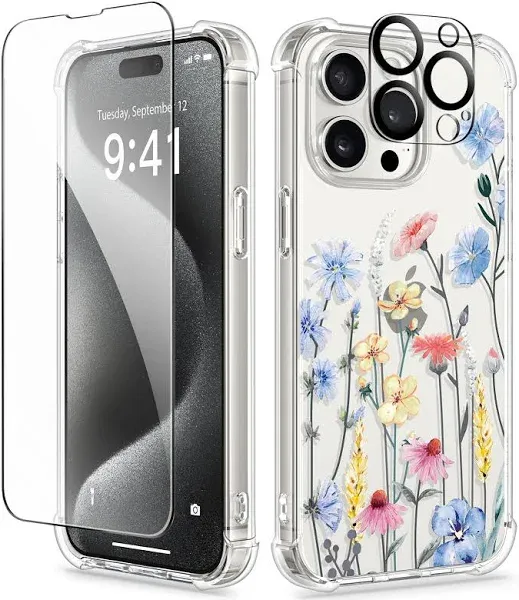 GVIEWIN for iPhone 15 Pro Case Floral, with Screen Protector+Camera Lens Protector, [Not Yellowing] Slim Shockproof Clear Protective Phone Cover for Women, Flower Pattern Design(Aconite/Light Blue)