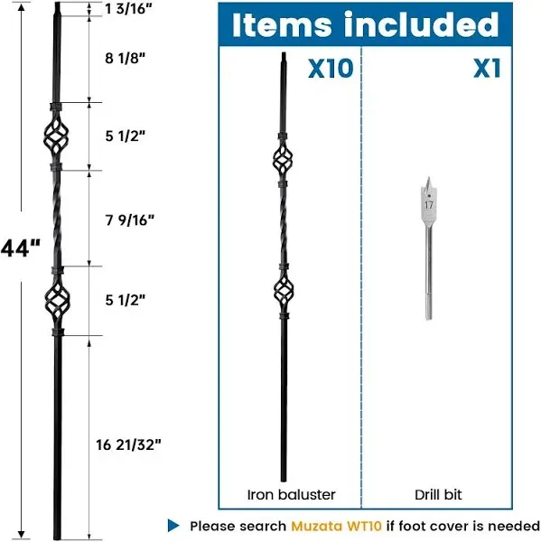 Muzata 44" Double Basket, Single Twist Wrought Iron Baluster