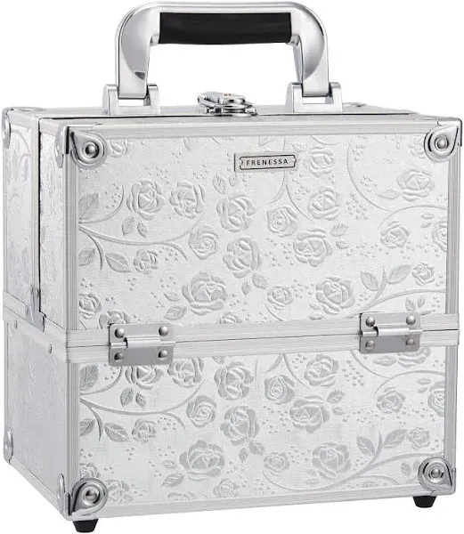  Makeup Train Case Portable Cosmetic Box Organizer 4 Trays Floral Silver