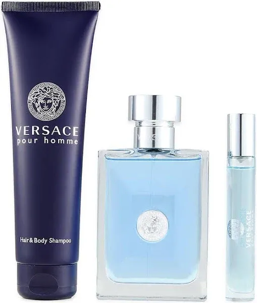 Versace Versace Pour Homme Men 3.4oz EDT Spray, 10ml EDT spray, 5.0oz Hair and Body Shampoo 3 Pc Gift Set