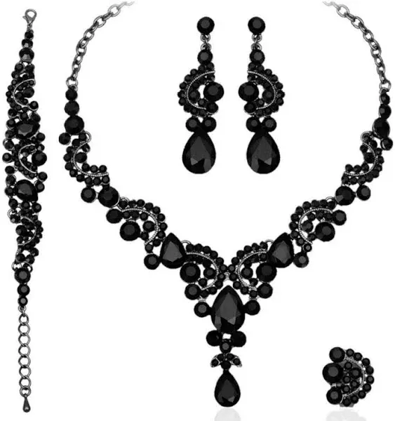  Women&#039;s Wedding Bridal Austrian Crystal Teardrop Cluster 02-Black Black-Tone