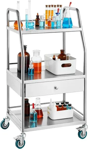 VEVOR Utility Cart with 3 Shelves Shelf Stainless Steel with Wheels Rolling Cart Commercial Wheel Dental Lab Cart Utility Services (3 Shelves/ 1 Drawer)