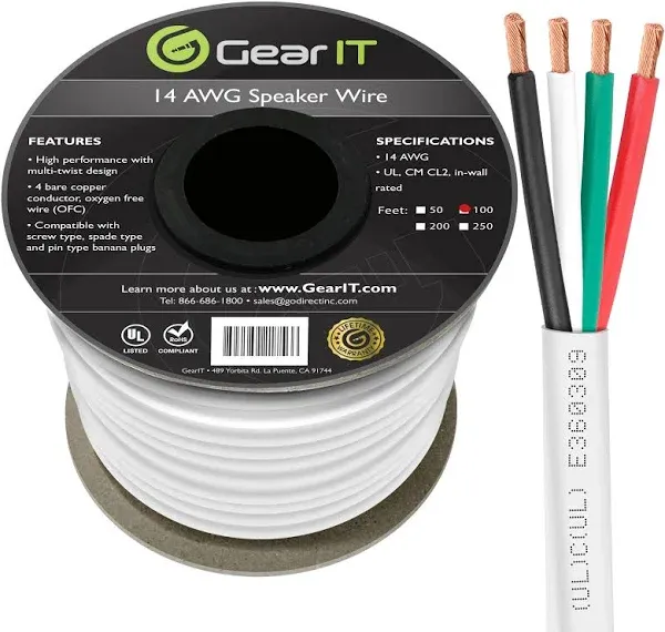 GearIT 14/4 Speaker Wire (100 Feet) 14AWG Gauge - Fire Safety in Wall Rated Audio Speaker Wire Cable / CL2 Rated / 4 Conductors - OFC Oxygen-Free