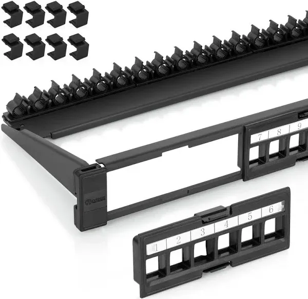 Everest Media Solutions 24 Port Keystone Patch Panel (1-Pack) - Use with Slim Profile Keystones ONLY (Wider Jacks May not fit Side by Side) - with Adjustable Rear Cable Management Bar