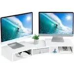 TEAMIX White Dual Monitor Stand Riser with Drawer Length and Angle Adjustable Double Corner Desk Shelf Organizer 37 inch Long