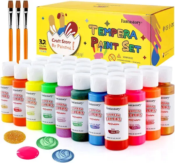 fantastory Tempera Paint for Kids 32 Colors (2 oz Each) Washable Tempera Paint, Kids Poster Paint Sponge Painting, Non-Toxic Kids Paint Finger Paints