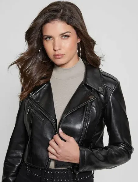 GUESS Women's Rochelle Cropped Faux-Leather Moto Jacket