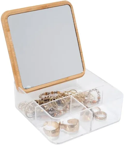 Simplify 6&quot; Clear 3 Compartment Organizer With Bamboo Lid &amp; Mirror