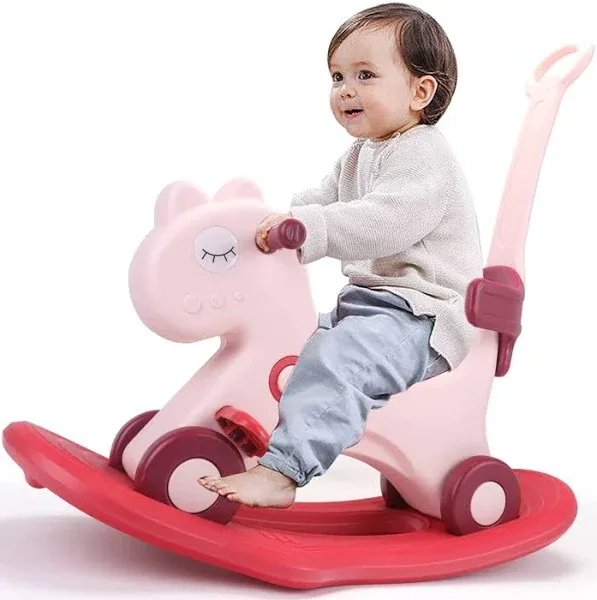 4 in 1 Rocking Horse for Toddlers 1-3 Years Old, Baby Rocking Toy Fun Birthday Gift for 1+ Girls, Ride on Toy with Detachable Balance Board and Footrest，Balance Bike with Push Handle，Pink