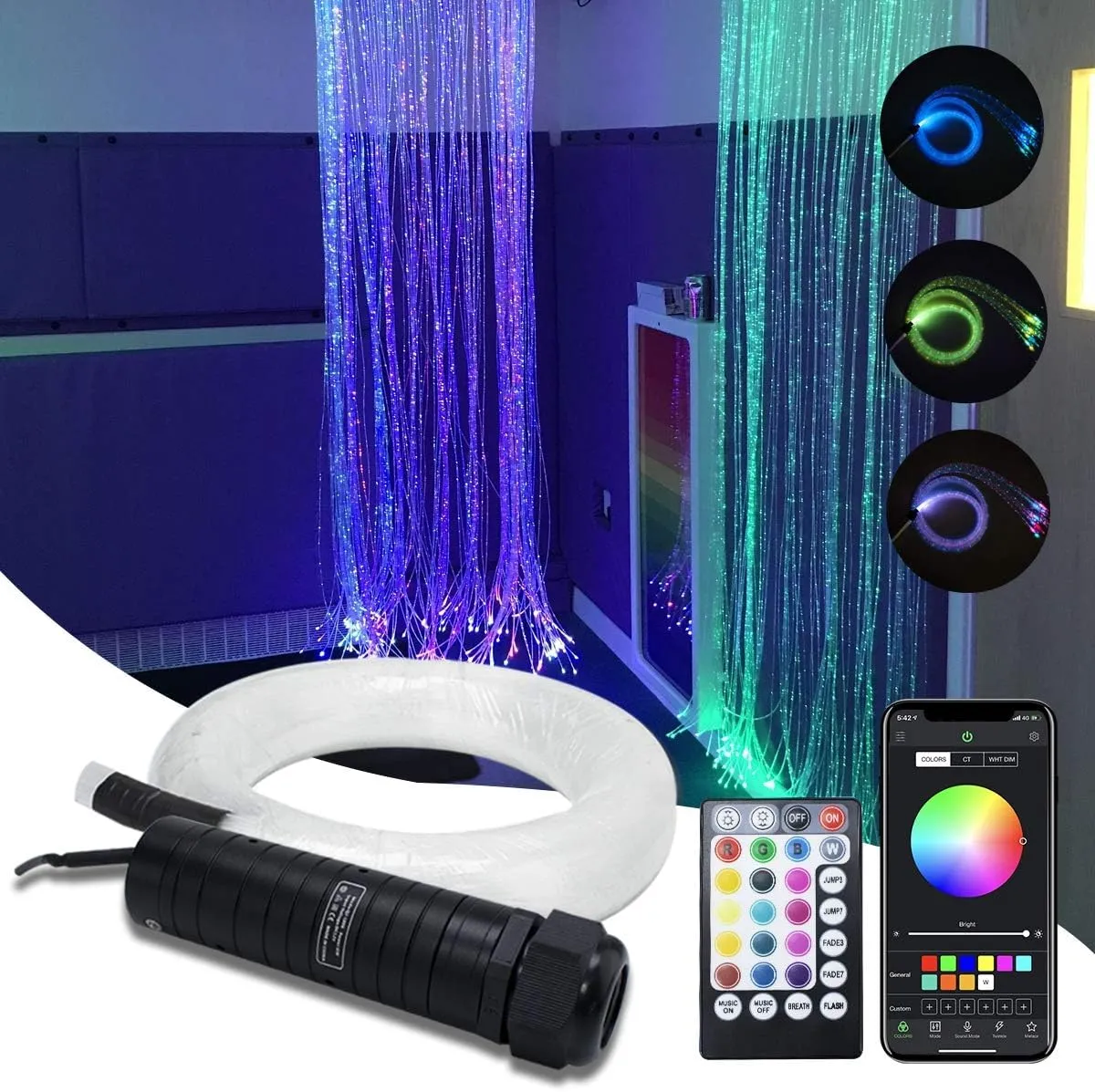 6W RGBW LED Whip Fiber Optic Kit Bluetooth Waterfall Curtain Light for Window Kid Children Sensory Room Home Decoration with Flash Point Fiber Optic Cables 200strands 0.03in/0.75mm 6.5ft/2m