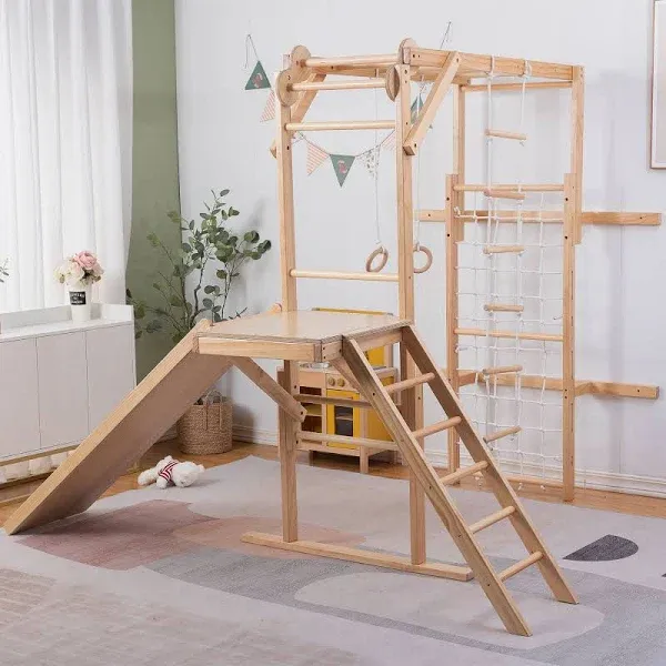 Avenlur Grove 8-in-1 Indoor Jungle Gym with Gymnastic Rings, Climbing Rope, Swing, Slide, Monkey Bars, Rope Wall Net, and Wooden and Rope Ladder - Jungle Play Set for Kids Ages 2-11 Years Old