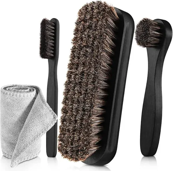 4 Pcs Horsehair Shine Shoes Brush Kit Polish Dauber Applicators Cleaning Leather Shoes Boots Care Brushes Suede Cleaner Brush with Microfiber Shoe