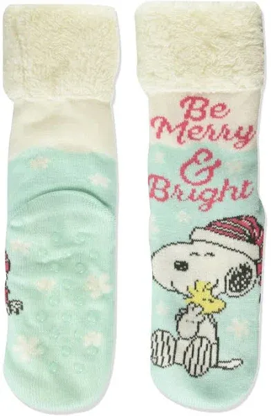 PEANUTS Ladies CHRISTMAS SNOOPY Sherpa Lined Gripper Slipper Socks ‘BE MERRY & BRIGHT’