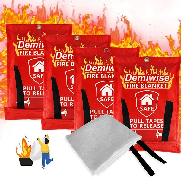 4-Pack Emergency Blankets - Thickened Fire Blanket Fire Suppression Blanket - Fire Blankets Emergency for People - Fire Safety Blanket with Emergency Whistles - Fireblanket for Kitchen, Home