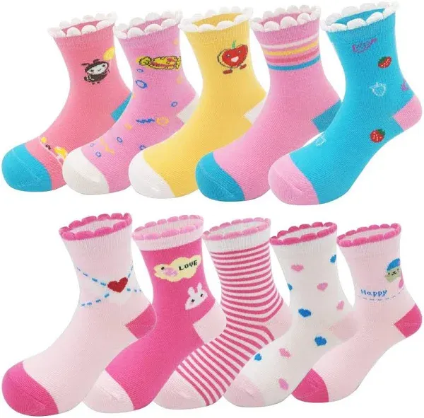 Zumou Toddler Kids Little Girls Cute Cotton Crew Socks (10 Pack)