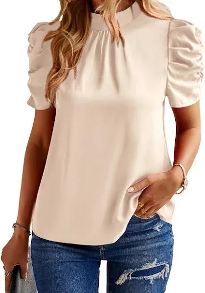 BTFBM Women's Summer Boho Shirt Top Ruffle Short Sleeve Frill Trim Mock Neck Floral Solid 2025 Casual Blouses Shirts Tops